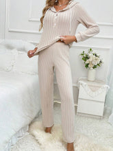 Drawstring Half Button Hooded Top and Ribbed Pants Set Dust Storm OutfitFlow